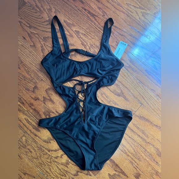 Other - NWT Black Cutout Lace-Up One-Piece Swimsuit